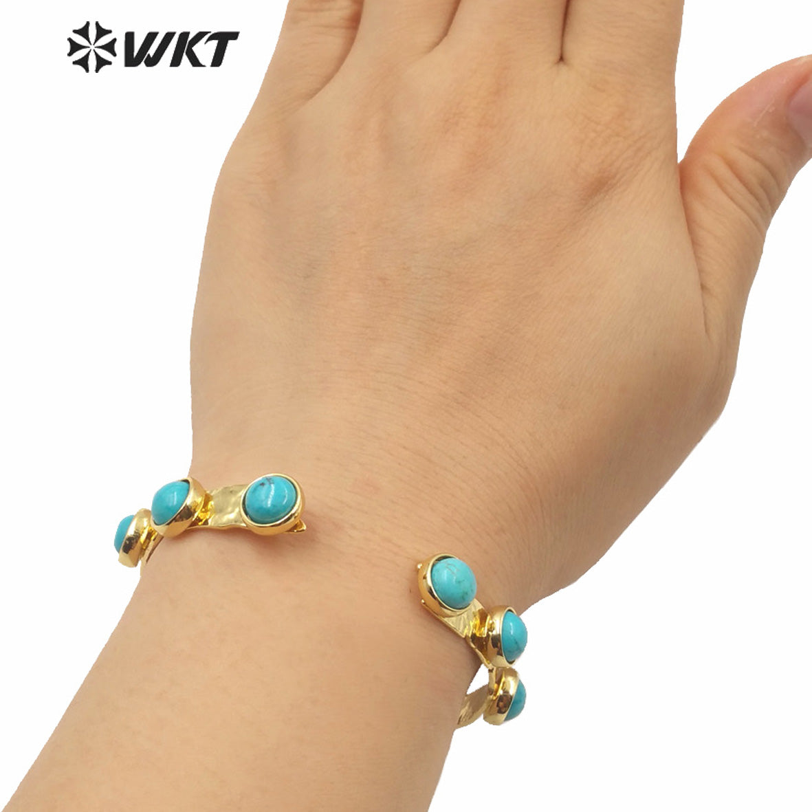 WT-B552 Hot Natural Turquoise Cuff Bangle Gold Electroplated No Fade Elegant Stone Bangle Boho Casual Vintage Bangle
