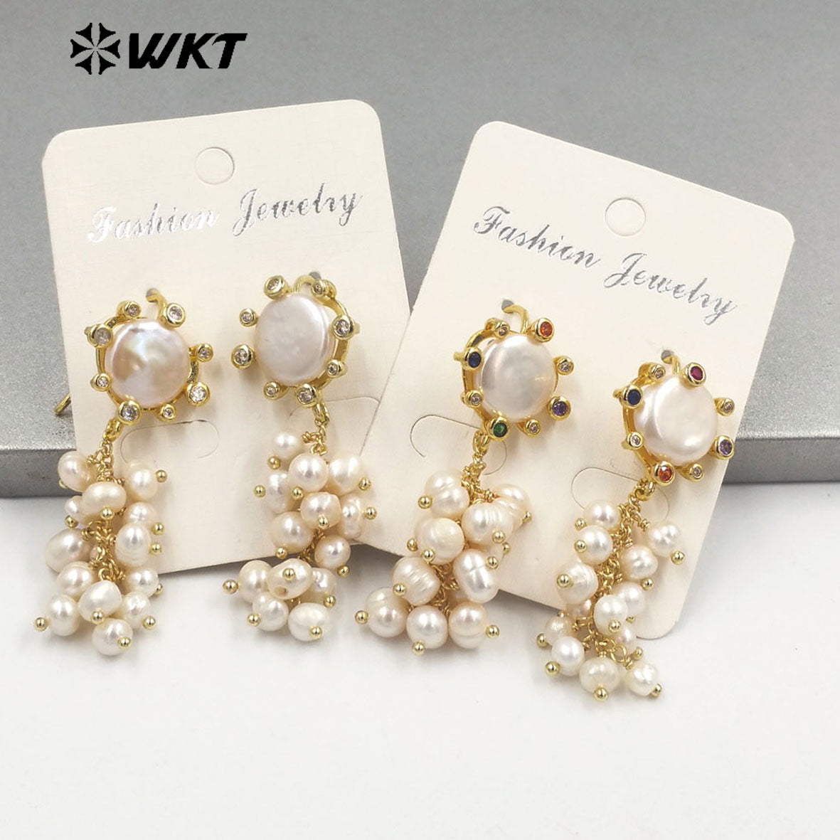 WT-MPE095 Wholesale Fashion Tiny Pearl Long Dangle Earrings Gorgeous Handmade Claw Setting Zircon Pearl Studs for Wedding