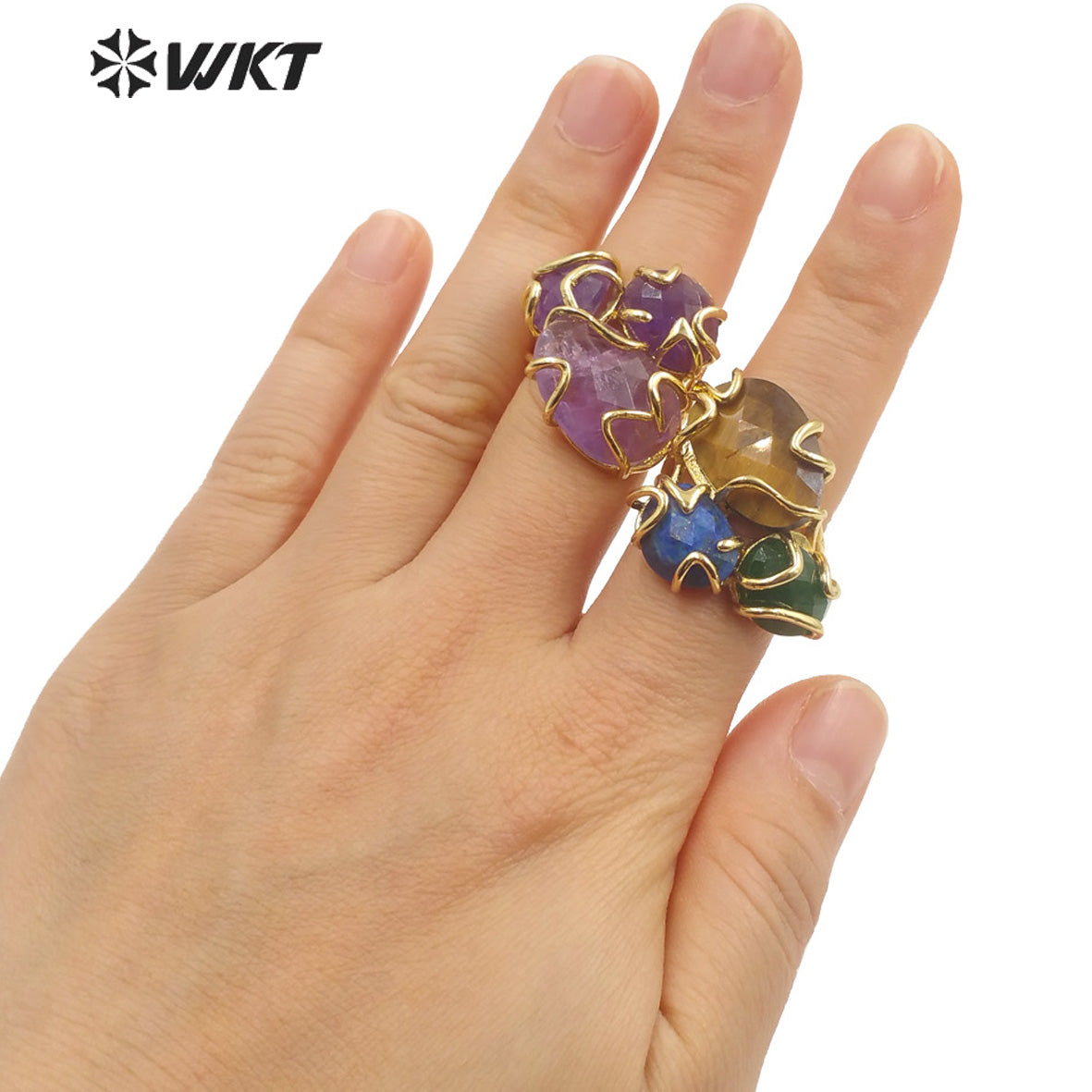 WT-R417 WKT NEW Design Gorgeous Triple Natural Gemstone Claw Setting Stone Ring Women Adjustable Precious Colorful Gold Ring