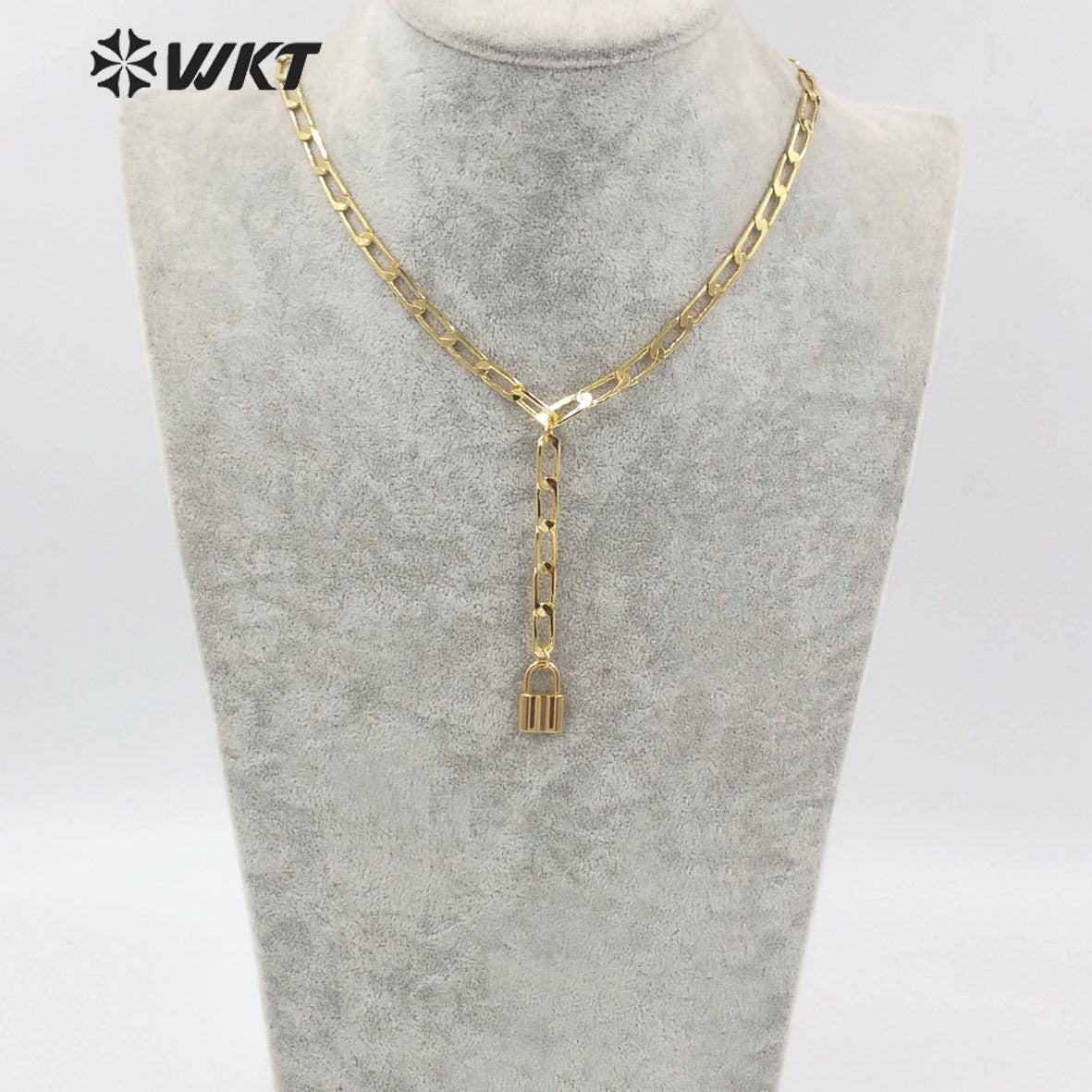 WT-N1307 Wholesale New Fashion 18k Real Gold Plated Faceted Curb Chain Y Shape Necklace Women Lock Choker Necklace