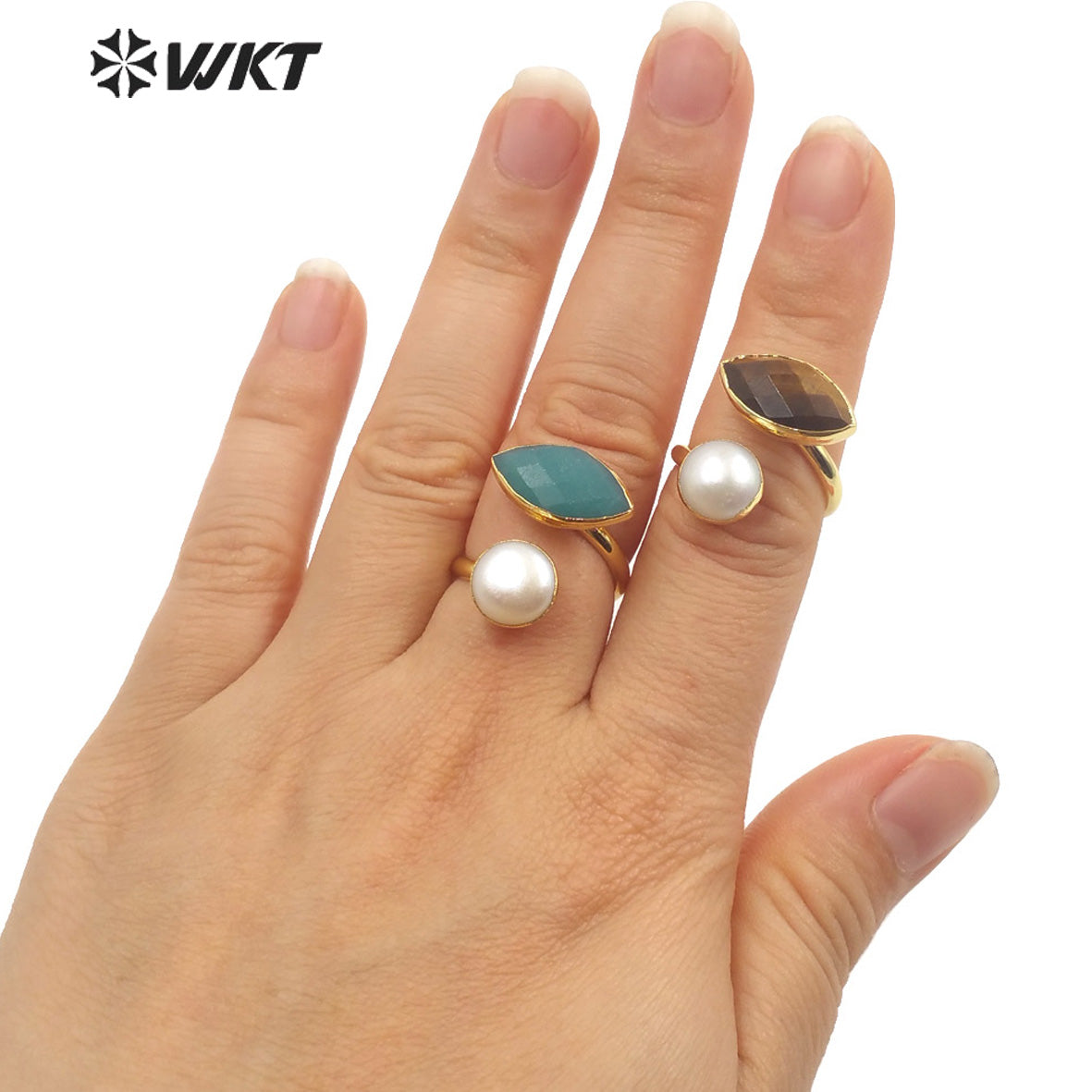 WT-R406 Elegant Natural Gemstone Pearl Rings Adjustable Rings Small Cute 18k Gold Plated As Women Gift Natural Stone Ring