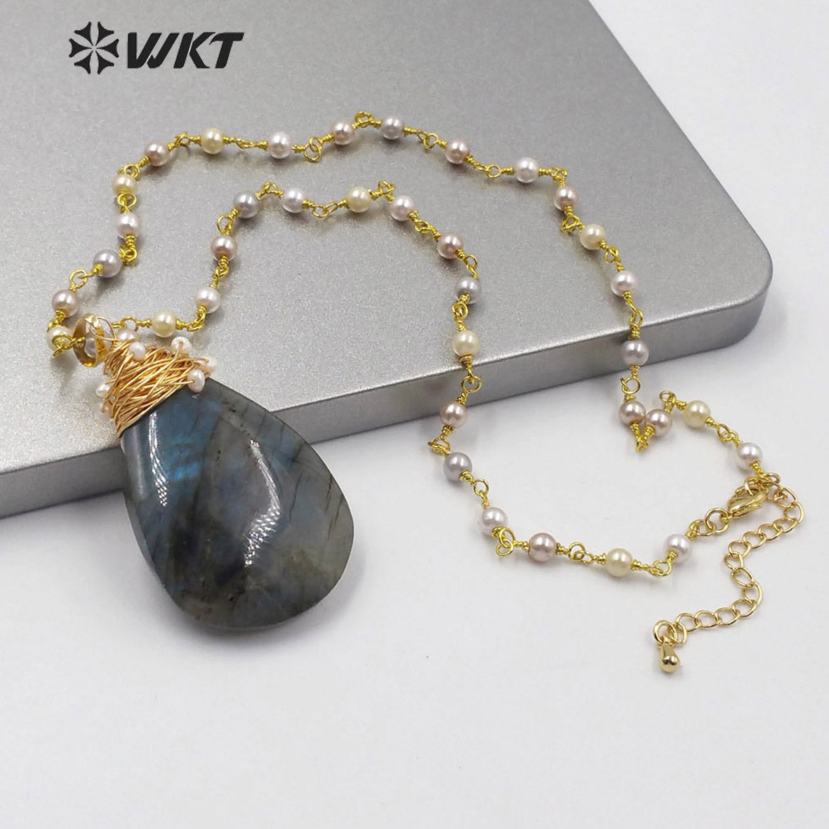 WT-N1216 Wholesale Labradorite Necklace Stone Pendant With Pearl Necklace Fashion Lady Jewelry Natural Labradorite Necklace