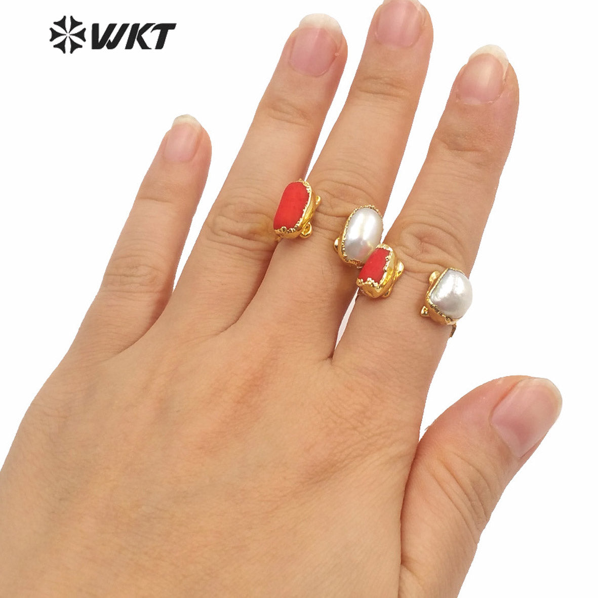 WT-MPR010 Amazing WKT Exclusive Resist Tarnish Gold Electroplated Red Coral Pearl Ring Women Fashion Brass Gold Cocktail Rings