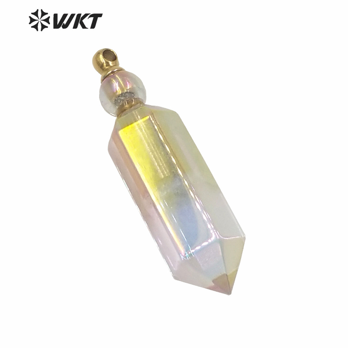 WT-P1614 Amazing Women Hot Sales Gold Angel Aura Spirit Quartz Perfume Bottle Pendant Hexagonal Shape Aura Stone Bottle Pendant