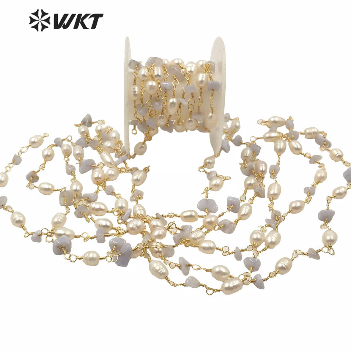 WT-RBC166 Fashion Gold Electroplated Non Tarnishable Pearl and Stone Mix Beads Rosary Chain Findings Lady Necklace Chain