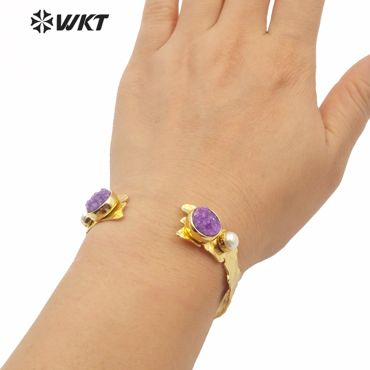 WT-B565 Wholesale Women Gold Electroplated Double Druzy Stone Bangle New Popular Irregular Gold Brass Druzy Quartz Stone Bangle