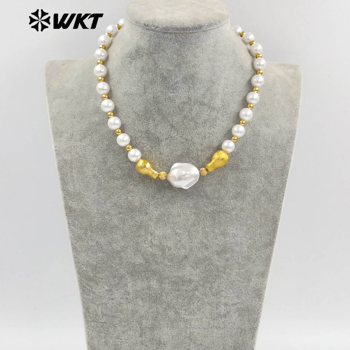 WT-JN292 High Quality Large White and Small Gold Beads Irregular Pearl Necklace Finished Jewelry for Girlfriend As Surprise Gift