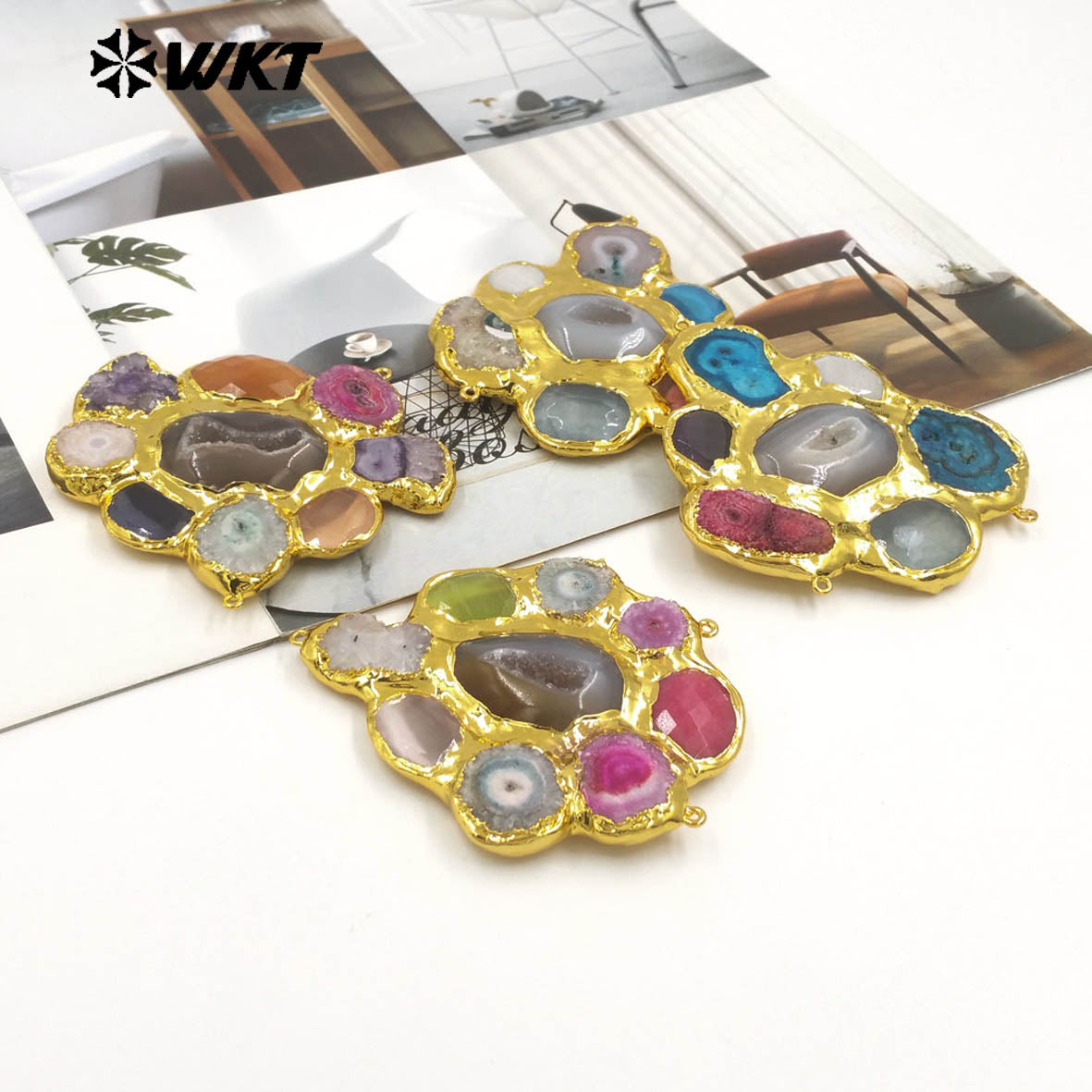 WT-C337 Amazing Three Hoops And Back Full Gold Plated Multi Natural Stones Connectors For Jewelry Connection Accessories