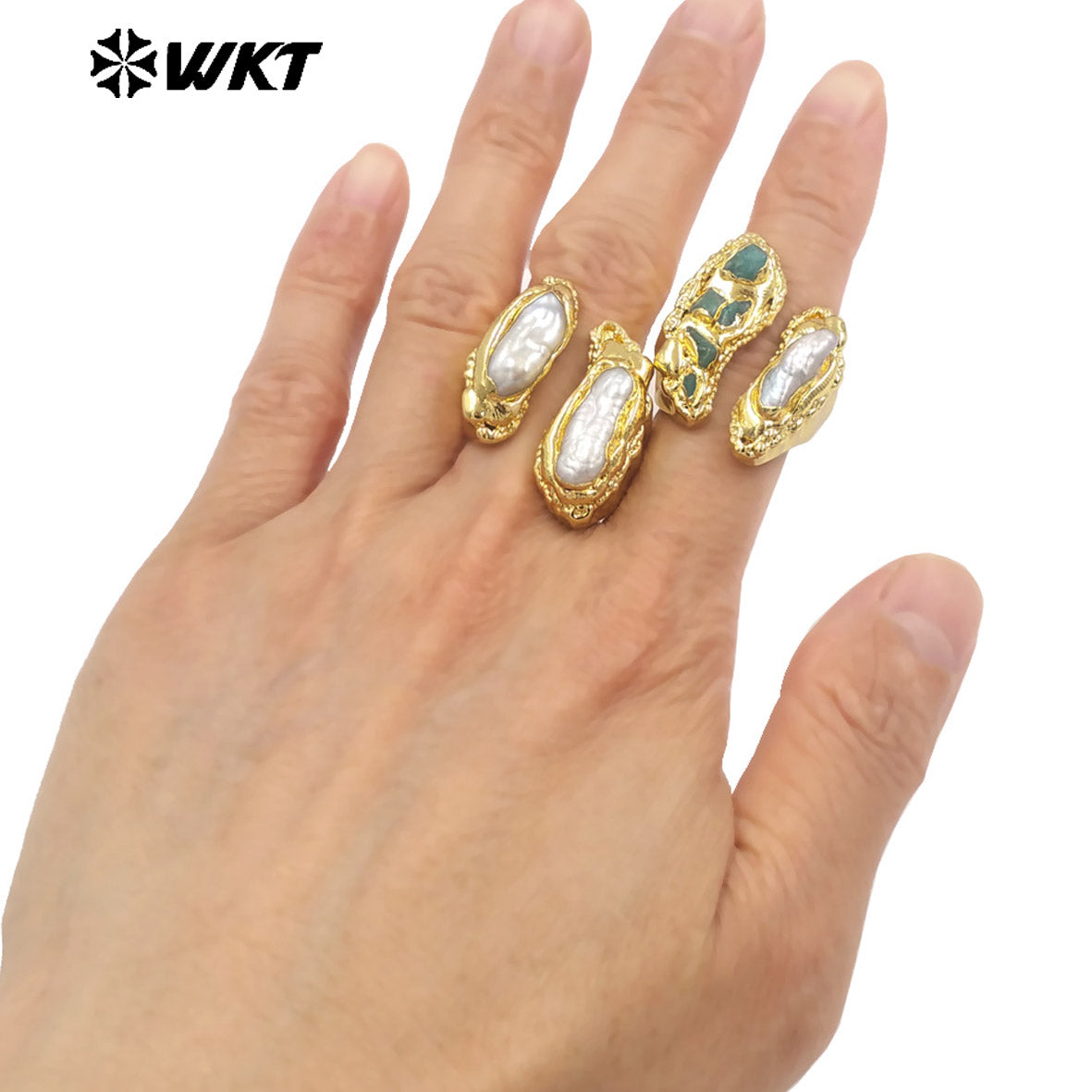 WT-MPR108 WKT New Vacano Series Design 18K Gold Plated Freshwater Pearl and Amazonite Stone Ring in Adjustable Size