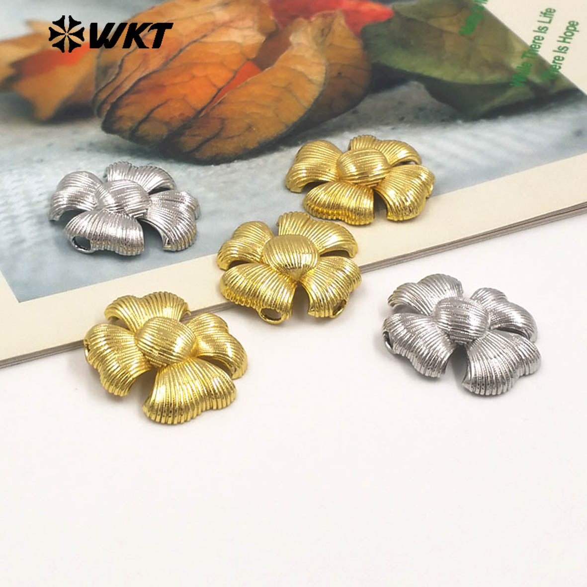 WT-JFE142 New Arrival 18K Gold Plated Yellow Brass Metal Flower Space Beads for Jewelry DIY Design Findings