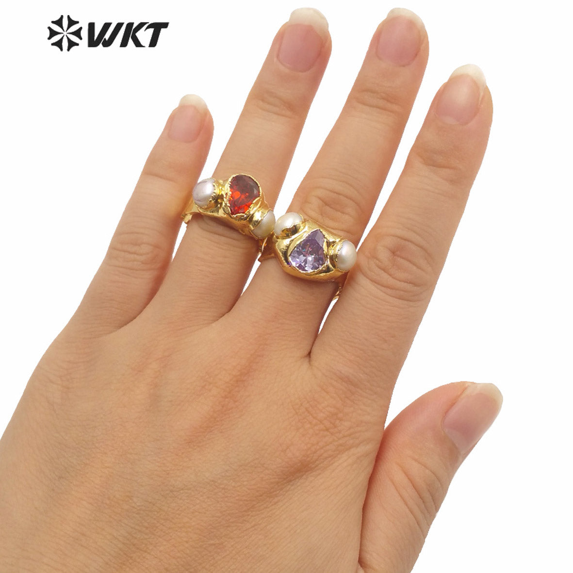 WT-MPR011 WKT Exclusive Gorgeous Natural Pearl CZ Stone Cocktail Ring Women Fashion Gold Electroplated Irregular Lava Stone Ring