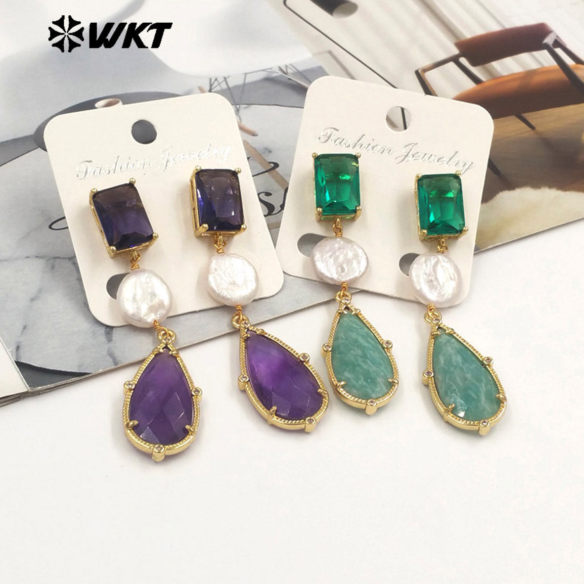 ME121 Wholesale Gold Plated Women Gemstones Earrings Jewelry Natural Amazonite Stone WaterBDrop Shape Romantic Ladies Gift