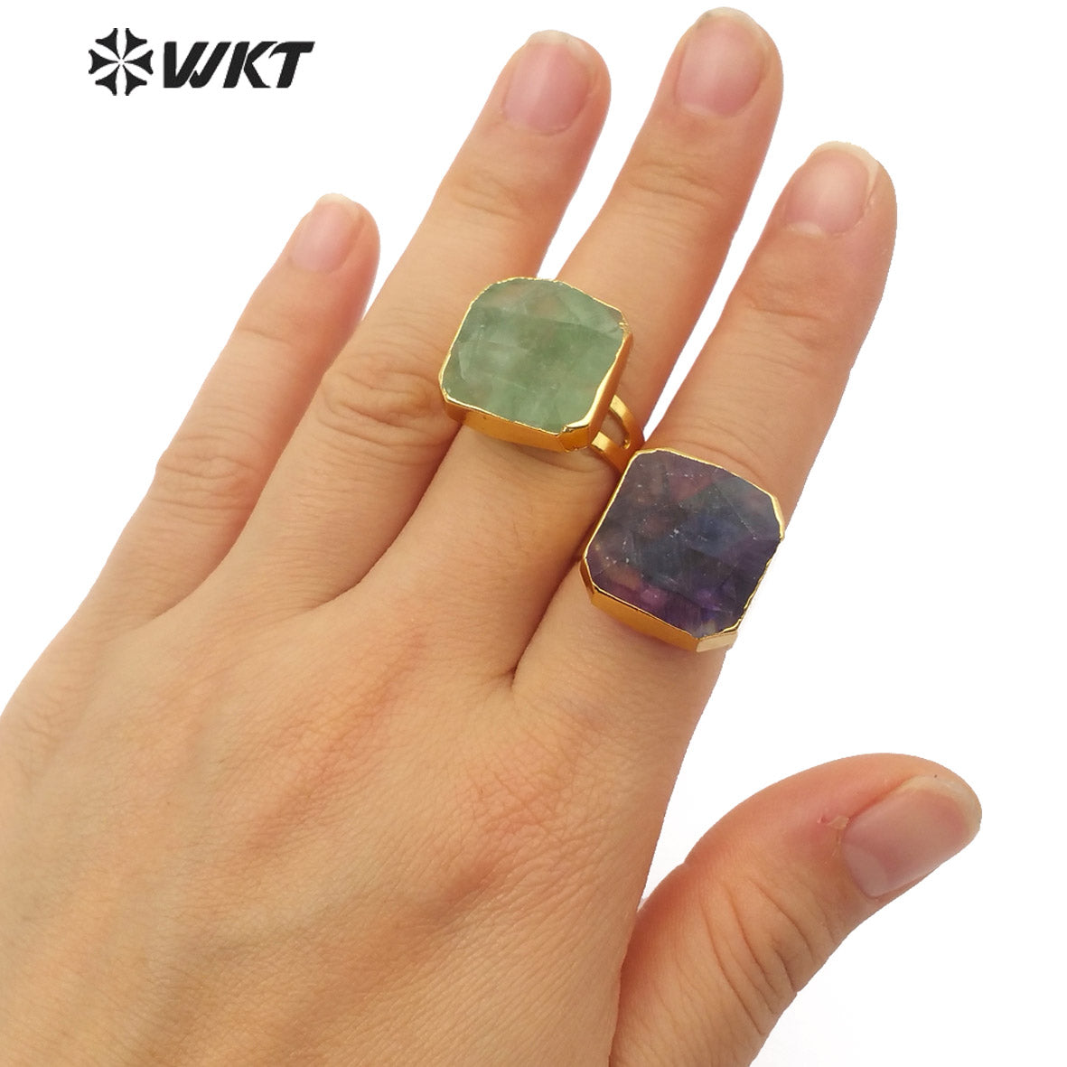 WT-R211 Natural rainbow Fluorite square Gemstone Rings, Fashion Raw Fluorite Stone Rings with 18K Gold Dipped