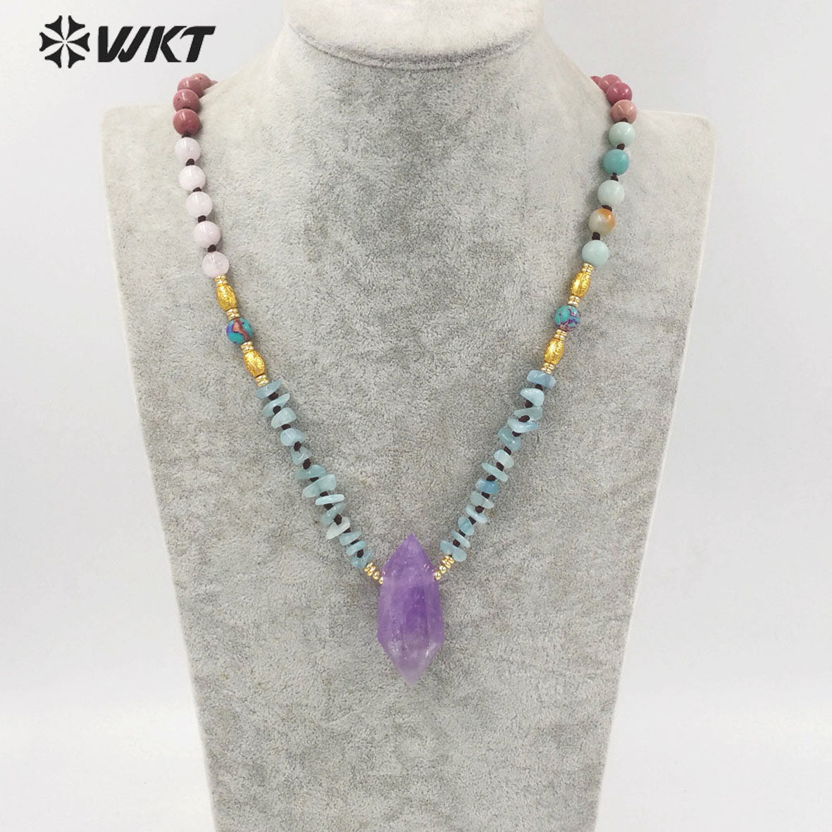 WT-N1377 Fashion Gemstone Bead Chain Quartz Bead With 18k Real Gold Plated Necklace Amethyst Pendant Natural Crystal Necklace