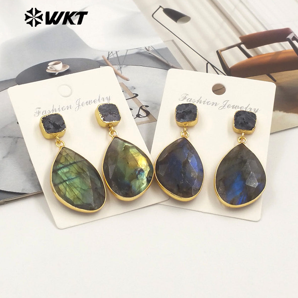 WT-E675 WKT New Gorgeous Natural Labradorite Stone Earrings Gold Trim High Quality Stone Dangle Earrings for Women Birthday