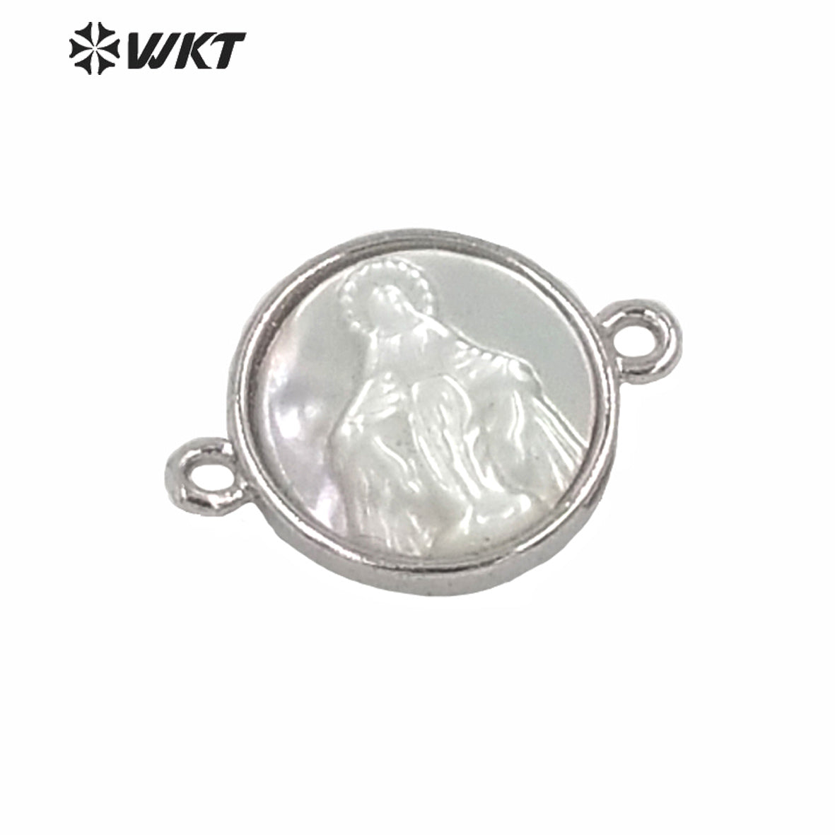 WT-MP170 Religious Design Gold Guadalupe Pendant Gold Metal Bezel Setting White Pearl Shell Connectors Tiny Charm Jesus Pendant
