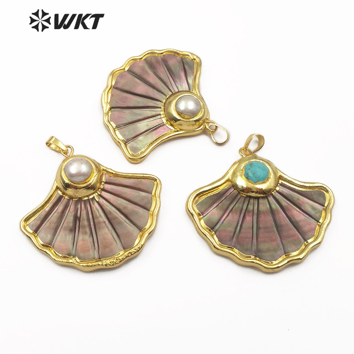 WT-JP102 Dark Shell Scalloped Top with Pearl or Turquoise Embellishment with Two Choices of Gold-plated Shell Pendants