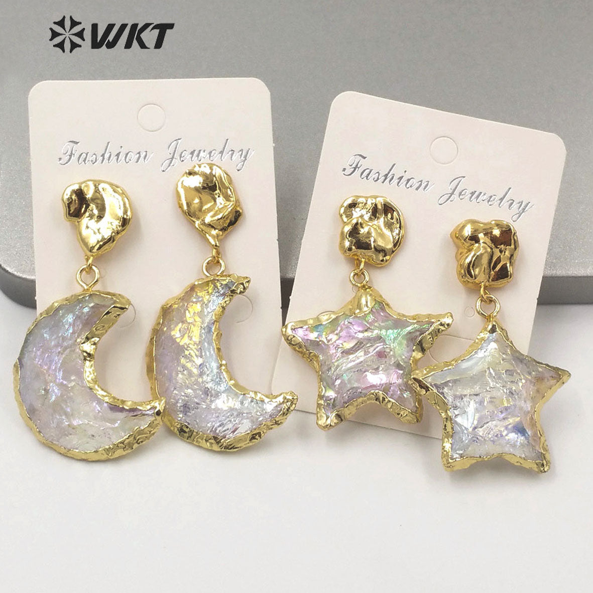 WT-E633 WKT Exclusive Natural Handmade Raw Crystal Quartz AURA Moon Earrings Fashion Gold Electroplated Raw Stone Star Earring