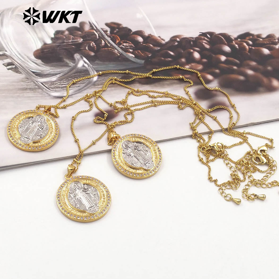 WT-MN987 WKT New Design 18K Gold St Benedict Medal Necklace for Christian Religious Jewelry Gift
