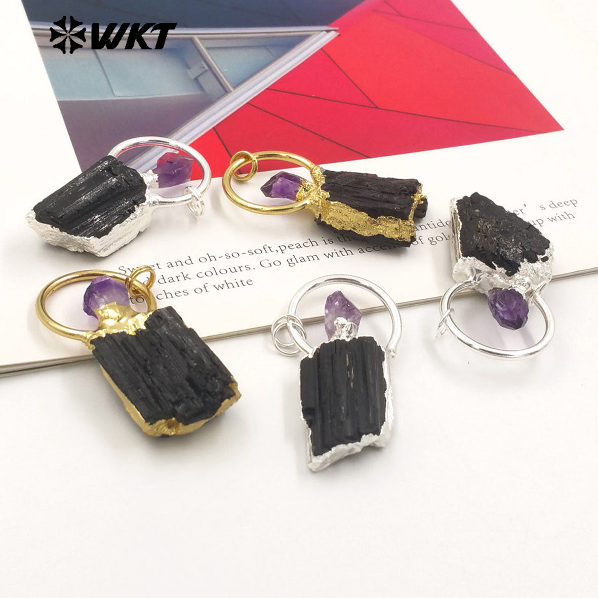 WT-P1960 Wholesale Fashion 18K Gold Plated Raw Stone Black Tourmaline With Amethyst Charm Energy Jewelry Pendants