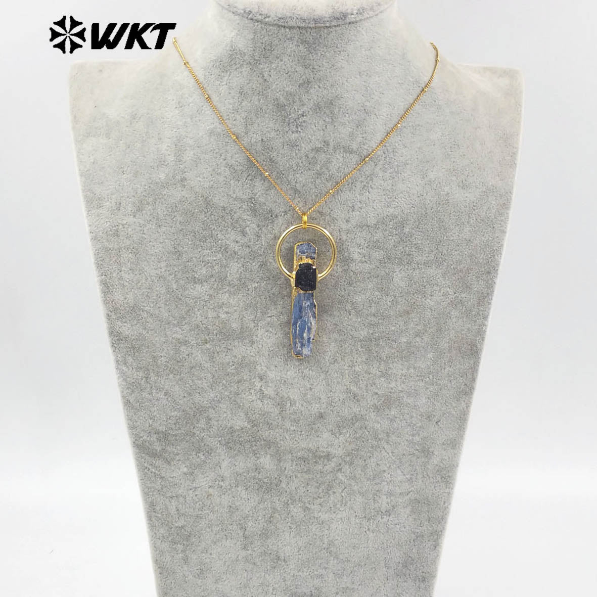WT-N1471 Wholesale Fashion Design Natural Raw Blue Kyanite With Black Tourmaline Charm Vintage Boho Necklace