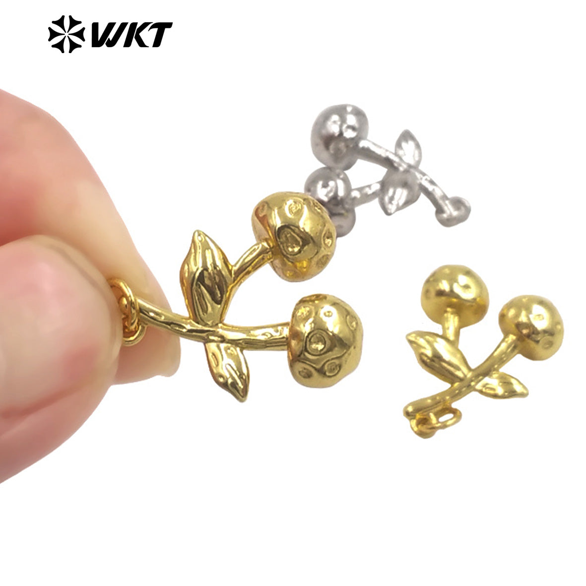WT-JFE151 Wholesale Women Jewelry Finding Tiny Pendant Silver Gold Plated Cherry Shape Metal Yellow Brass For Earrings DIY