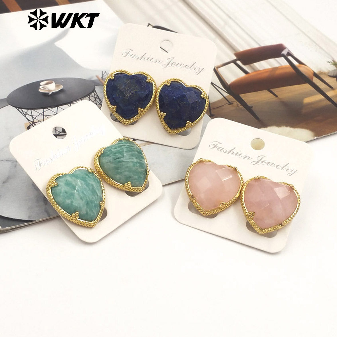 WT-E787 Newest Romantic Design Natural Gemstones Heart Studs Shape Amazonite Stone Gold Plated Women Lovely Jewelry Earrings