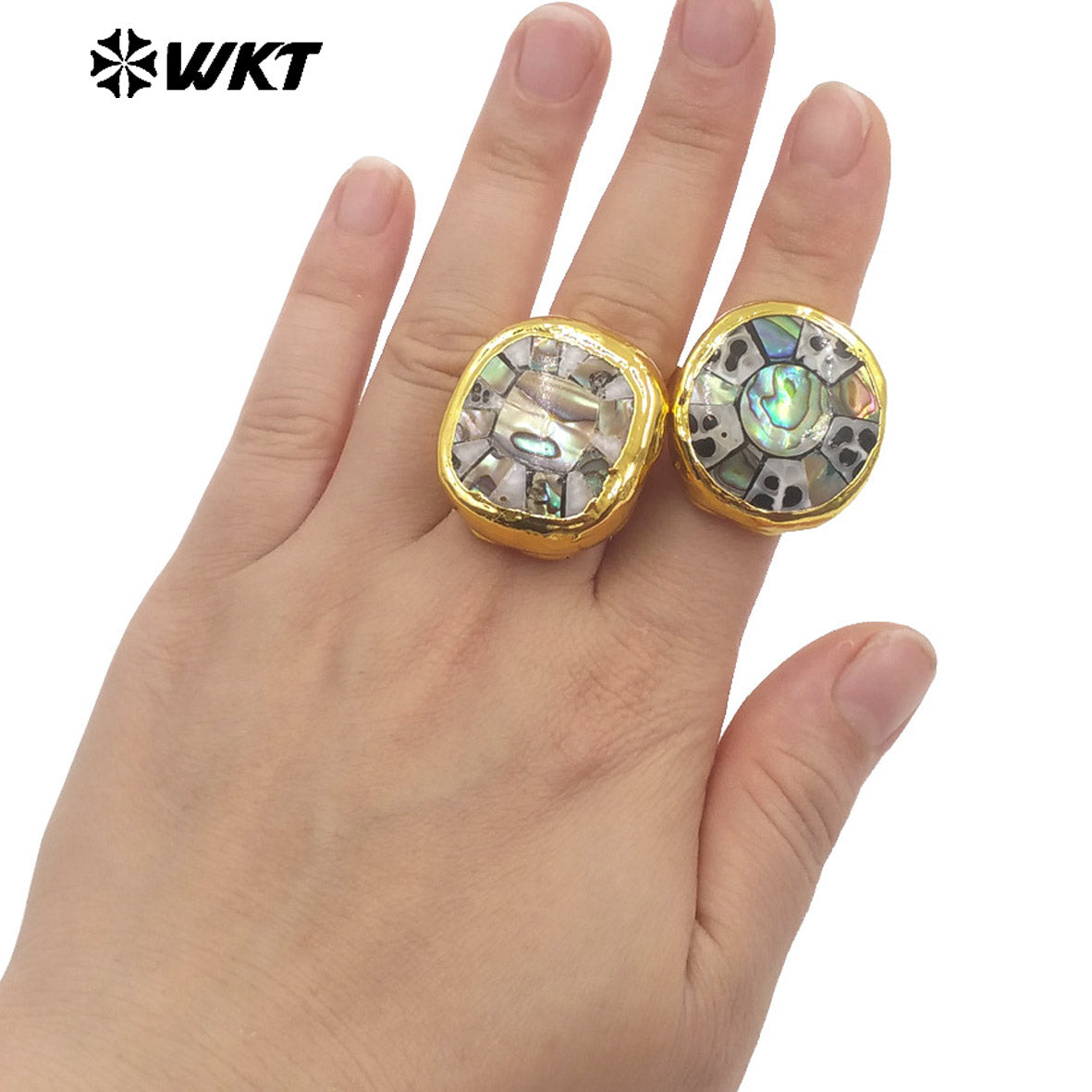 WT-MPR144 Good Quality Boutique Natural Shell Round And Square Gold Electroplated Adjustable Rings For Party Unique Accessories