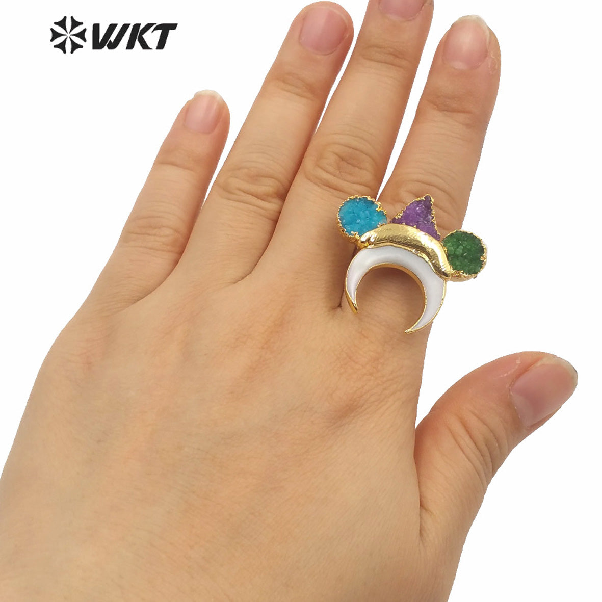 WT-MPR004 Amazing Unique Natural Druzy Stone Crescent Moon Ring High Quality Gold Electroplated Triple Stone Druzy Ring