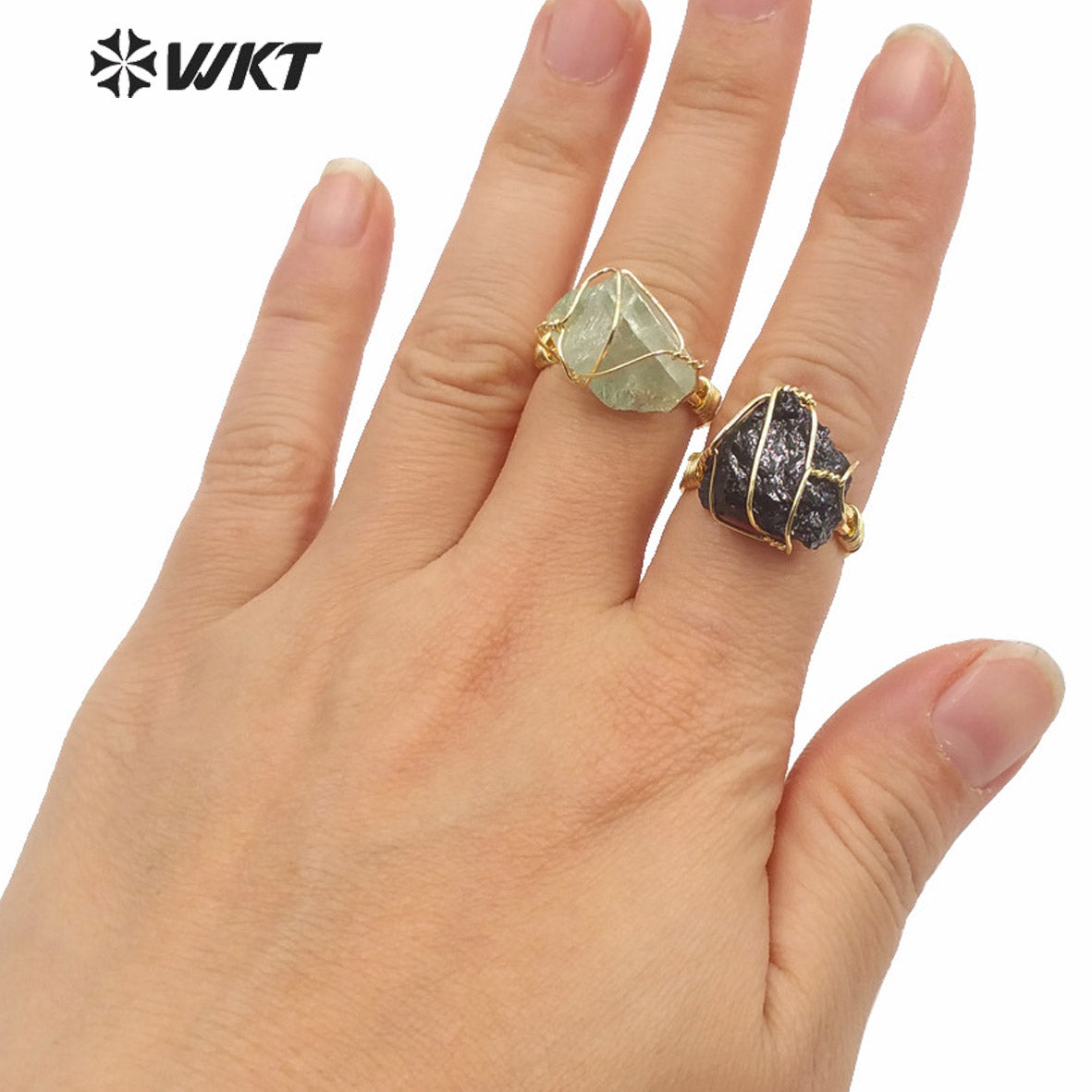 WT-R366 WKT New Design Gold Hand Make Wire Wrapped Mineral Stone Ring Women Fashion Hot Raw Quartz Fluorite Ring
