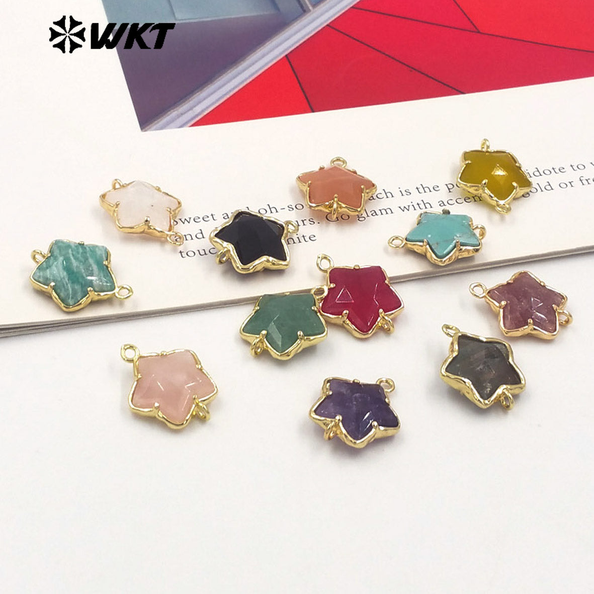 WT-C327 Wholesale New Small Stone Carved Star Connectors 18K Gold Plated Claw Setting Lovely Double Loops Findings