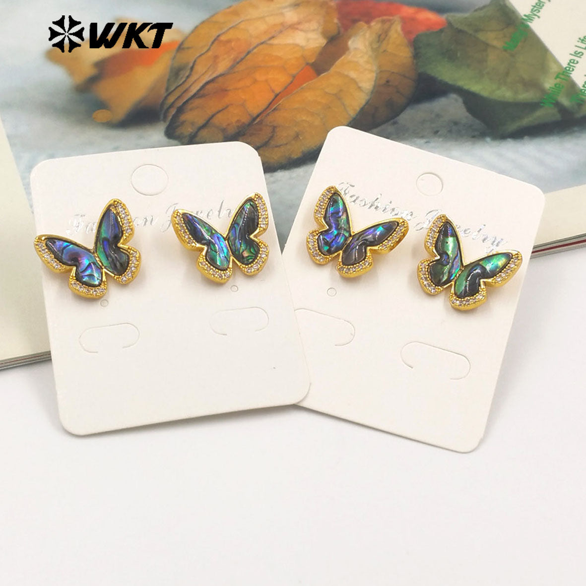 WT-ME110 Exquisite Vivid Butterfly Shape Tiny Zircon Paved Earring With Natural Abalone Shell for Girls Birthday Gifts