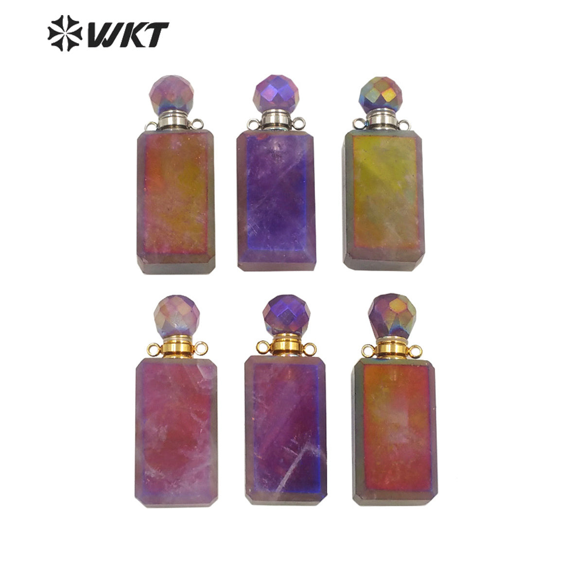 WT-P1645 Wholesale Newest Long square Amethyst Perfume Bottle Pendant for Necklace Design Stainless Steel Essencial Oil Bottle