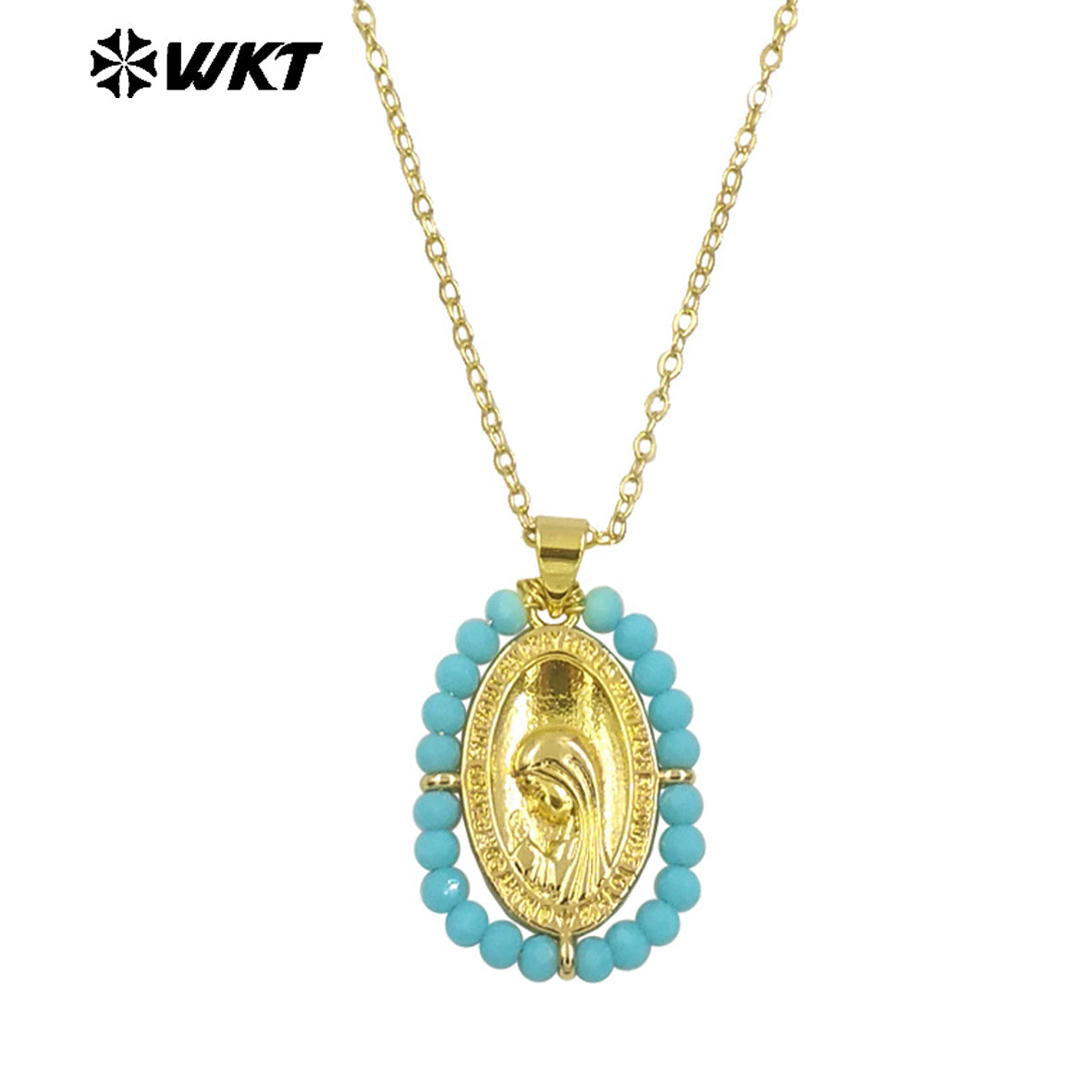 WT-MN995 WKT 18K Gold Plated Yellow Brass Metal Carved With Handmade Wire Wrapped Crystal Beads the Beauty Face Necklace