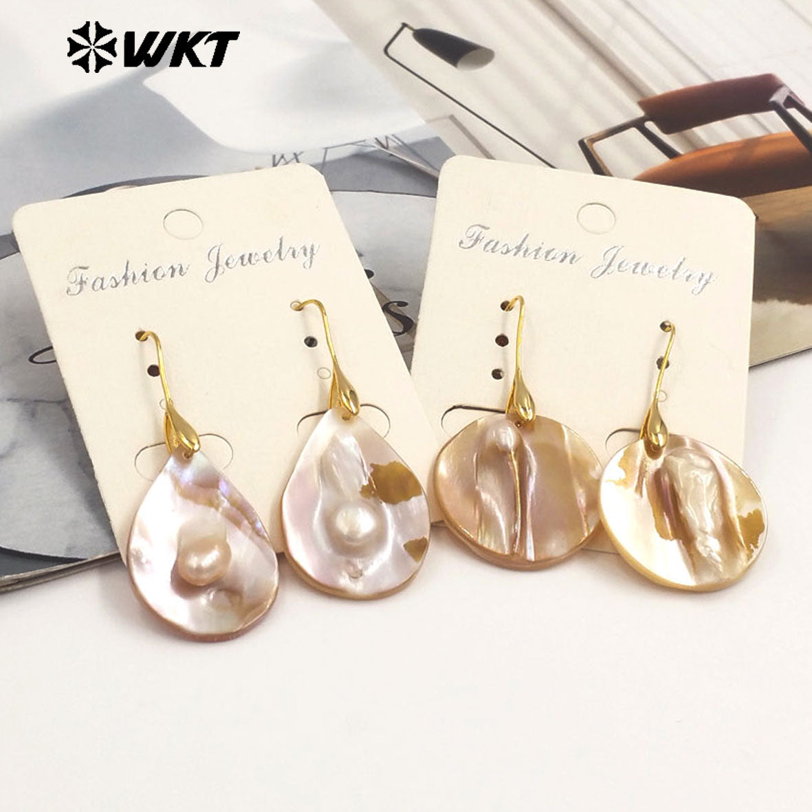 WT-MPE156 High Quality Mother Of Pearl Shell Women Earrings Waterdrop Square Round Shape Gold Color Elegant Style for Gift