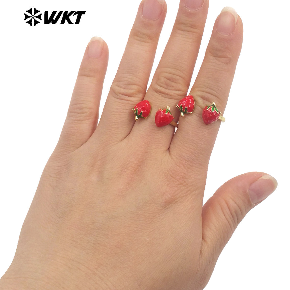 WT-RF009 Delicate Fruit Series Ring Yellow Brass With Drop Oil Double Strawberry Charms Adjustable Women Fashion Jewelry