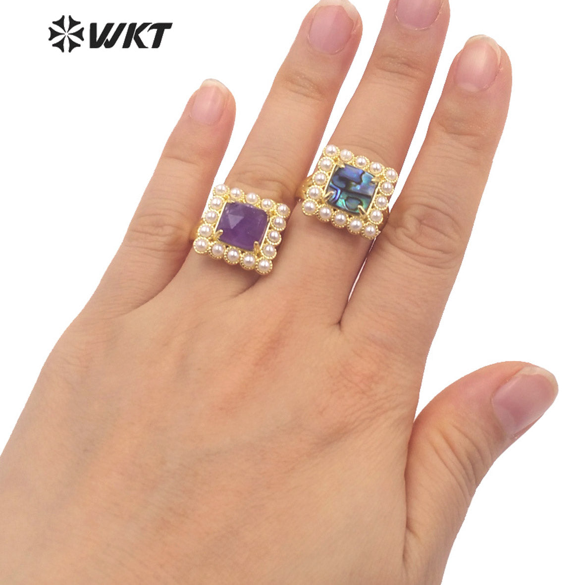 WT-MPR078 Vintage Bohemian Office Style Natural Square Shell With Artificial Pearl Women Ring for Gift