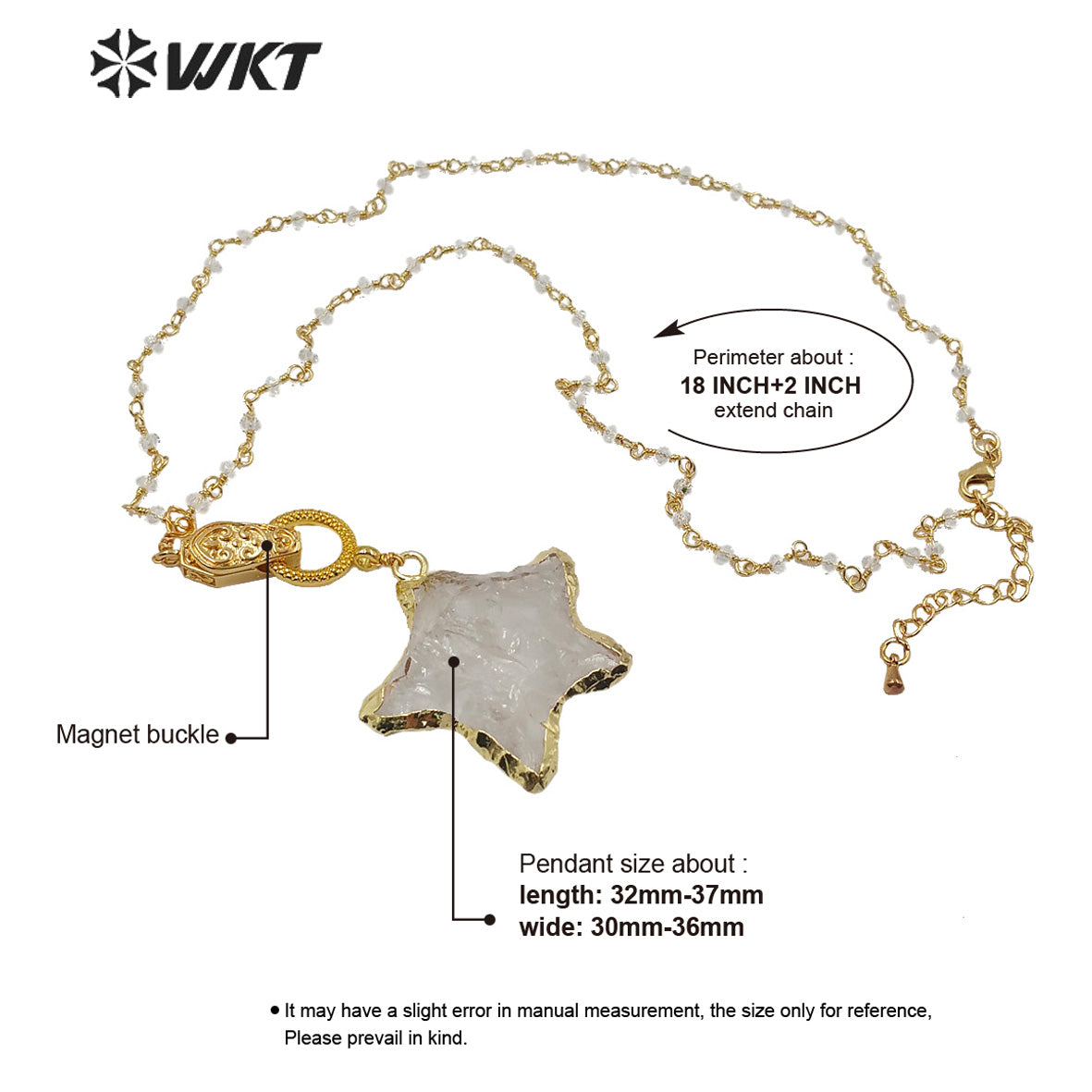 WT-N1214 Natural Raw Crystal Quartz Necklace Lady Fashion Jewelry Star Shape Crystal Necklace With Magnet Buckle