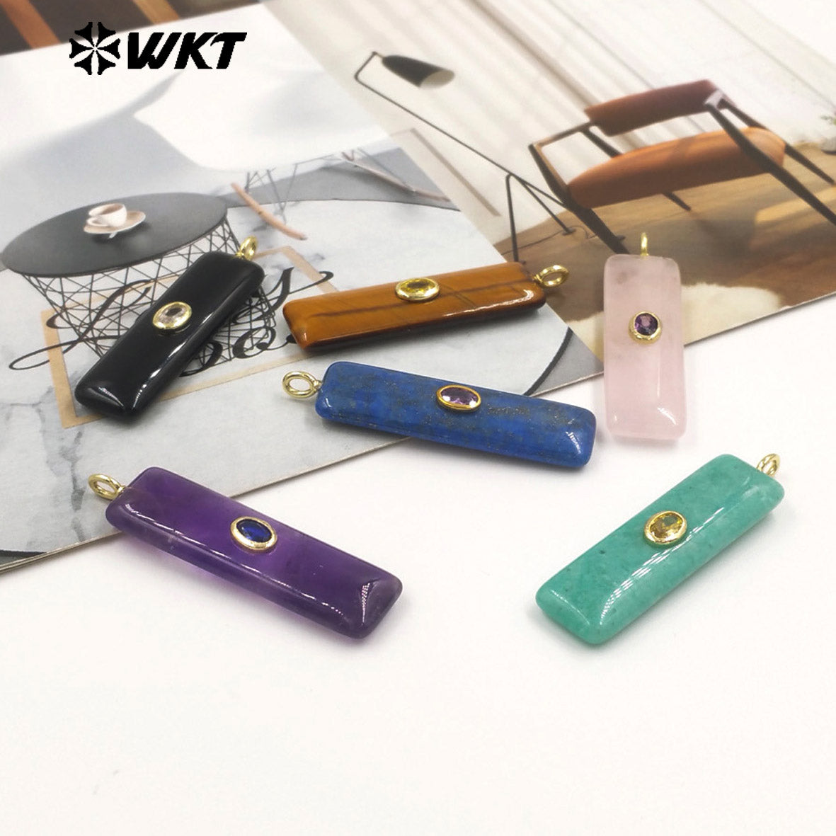 WT-P2019 Popular Fashion Rectangle Multi Color Natural Gemstones With Zircon Smooth Pendants For Romantic Jewelry DIY