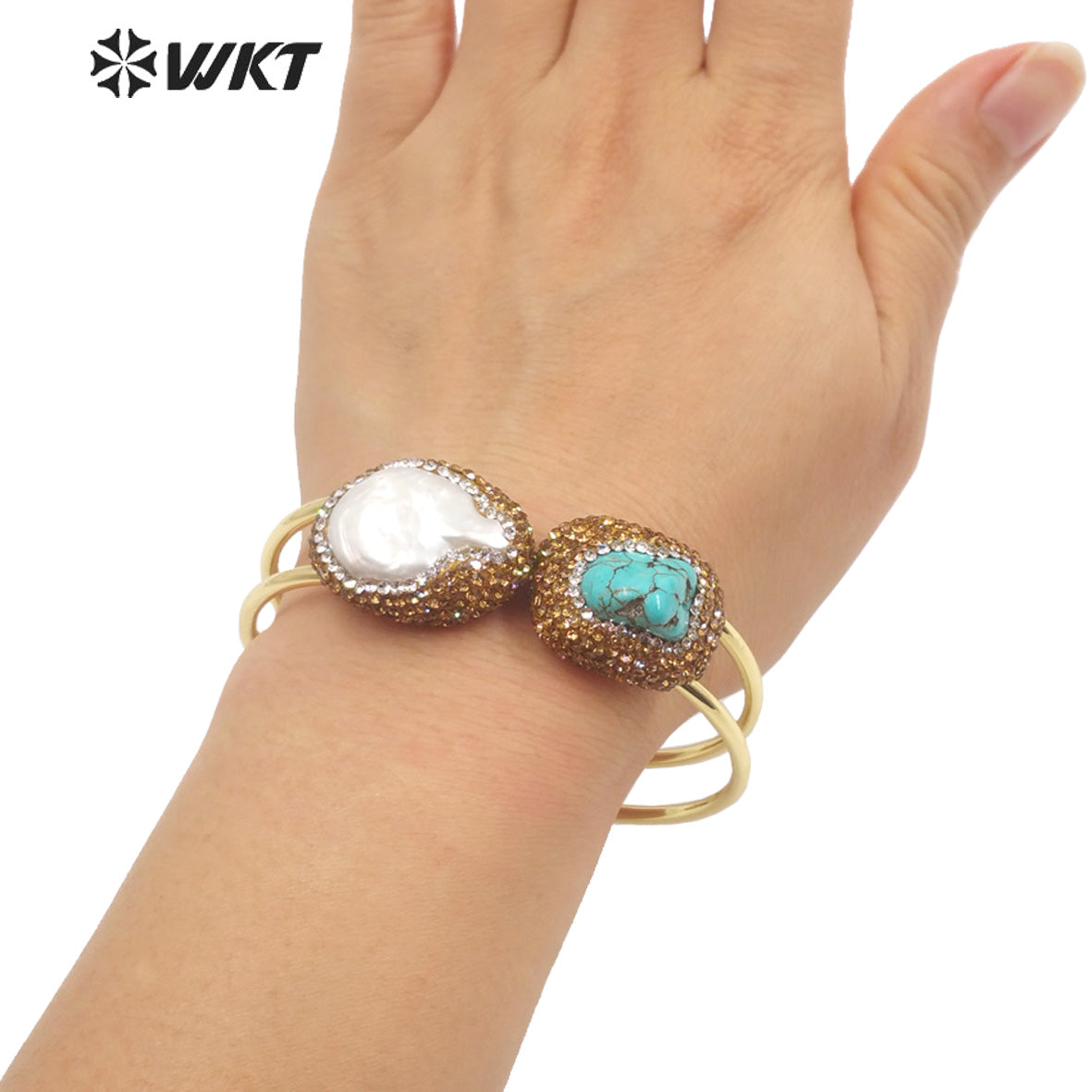 WT-MPB086 WKT 2023 New 18k Gold Plated Turquoise and Freshwater Pearl Cuff Bangle Boho Rhinestone Make Stone Bangle for Gift