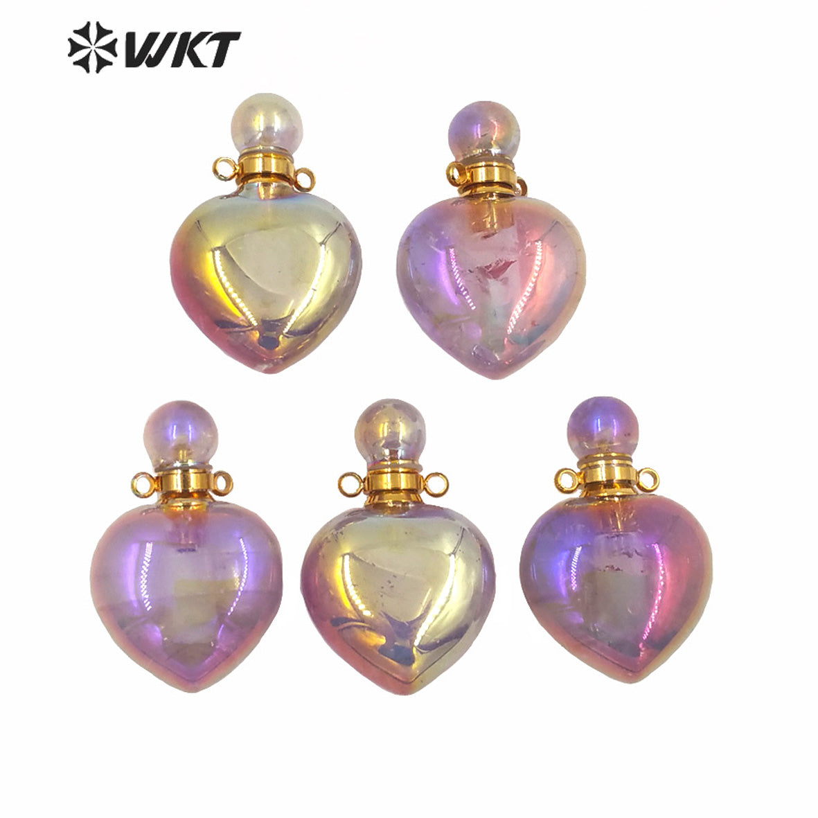 WT-P1596 WKT Design Hot Natural Gold Aura Light Purple Stone Perfume Bottle Pendant Women Popular Heart Amethyst Stone Pendant
