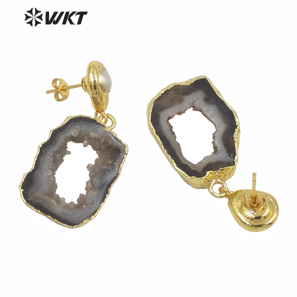 WT-E639 New Natural Black Geode Agate Earrings for Women Fashion Gold Electroplated Real Druzy Stone Dangle Earrings with Pearl