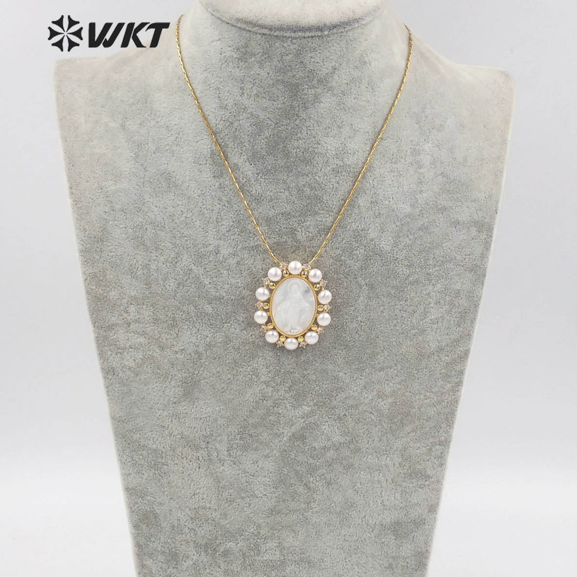 WT-JN164 WKT Wholesale Beautiful White Shell&pearl Nice Wedding Jewelry Necklace for Women Fashion Religious Mary Necklace