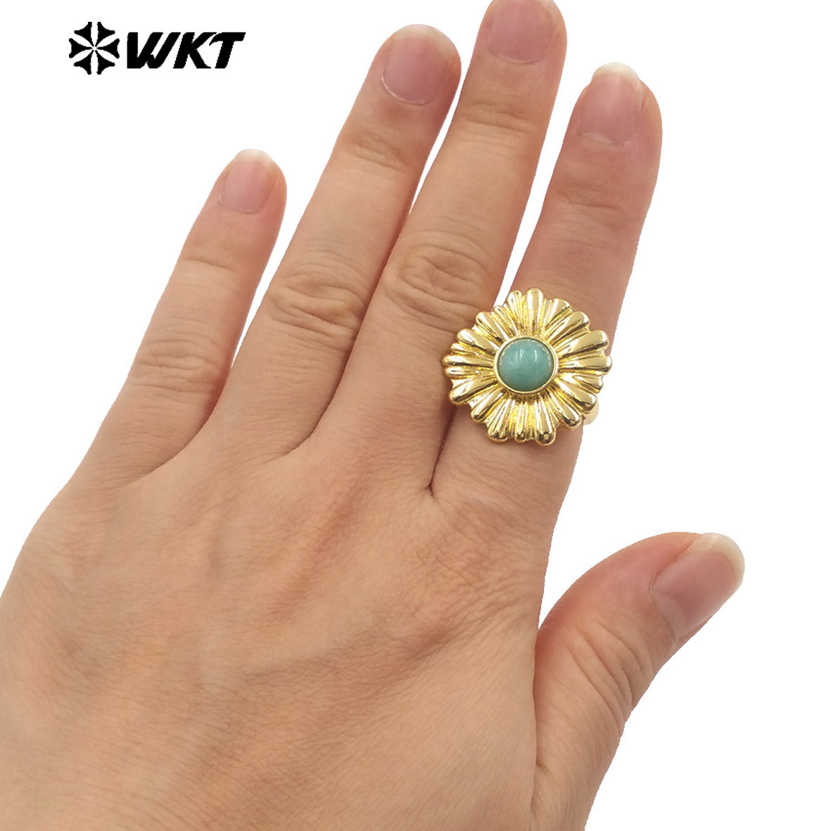 WT-R532 Newest Design Romantic Delicate 18K Real Gold Plated Metal With Natural Round Stone Setting Women Party Rings