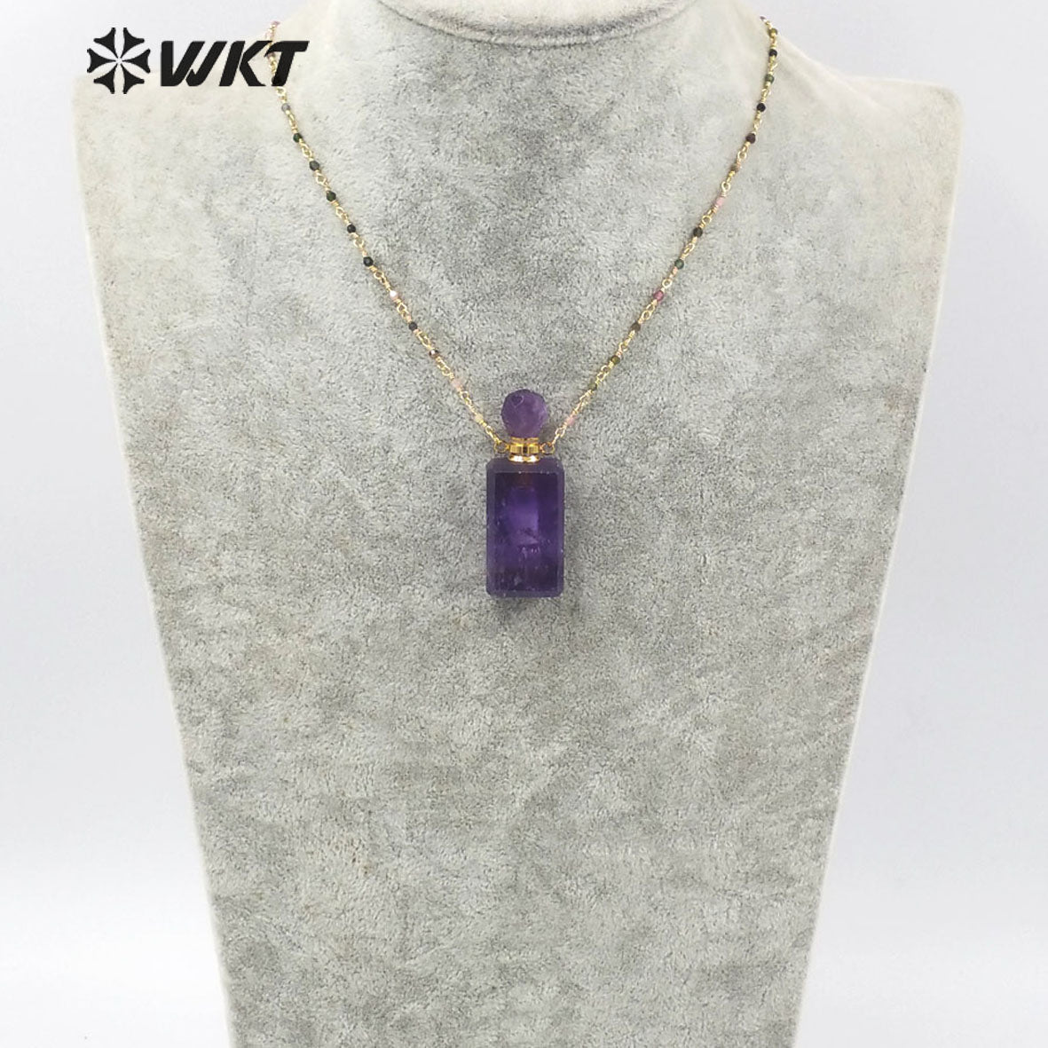 WT-N1276 Wholesale Natural Long square Stone Quart Perfume Bottle Necklace Colorful Tourmaline Beads Rosary Chain Perfume Bottle