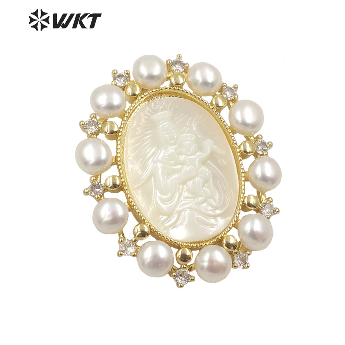 WT-JP276 WKT Gold Fashion Micro Pave Cubic Zircon Christian Religious Charm Pendant with Pearl Trim Royal Style Pearl Pendant