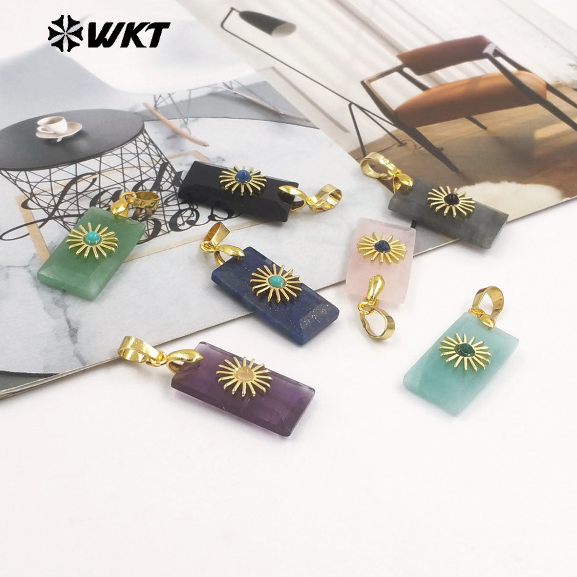 WT-P2011 Fashion Popular Natural Gemstones Gold Plated Set In Little Rectangle Stone Pendant For Necklace Handmade Charms