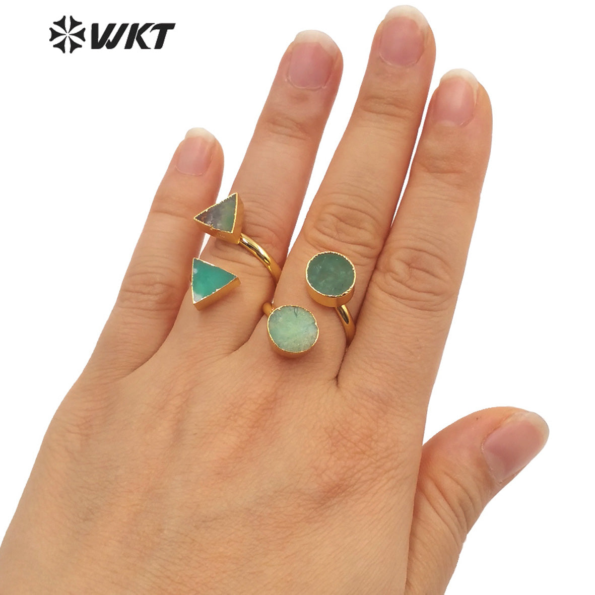 WT-R371 Wholesale Newest Design Double Stone Chrysoprase Jade Ring 18k Real Gold Plated Resist Tarnishable Jewelry Ring
