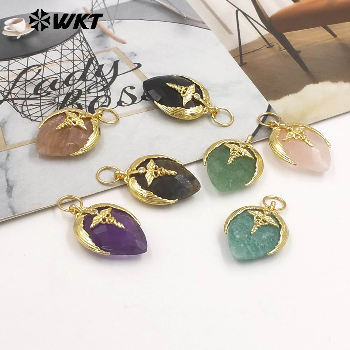 WT-P2014 Newest Fashion Style Strawberry Shape Gold Plated Natural Gemstones Little Pendant For Necklace Earrings Making