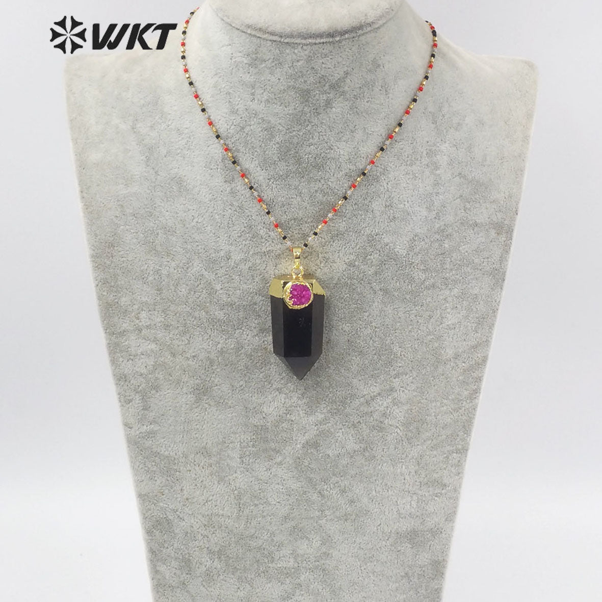 WT-N1289 Charming 18k Real Gold Plated Smoky Quartz with Druzy Hexagon Quartz Point Necklace Populared Spirit Quartz Necklace